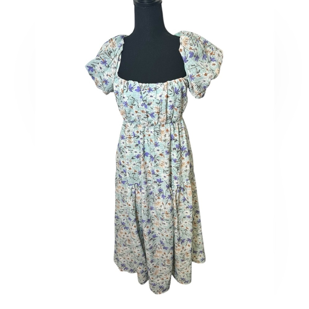Floral Puff Sleeve Midi Dress - Blue/Green